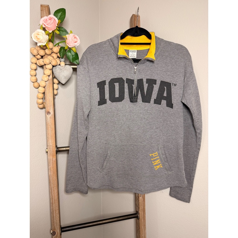 PINK Victoria's Secret Iowa Hawkeyes Quarter Zip Pullover Gray Yellow Medium - Picture 1 of 7